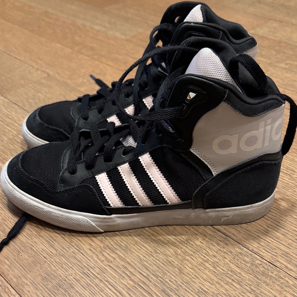 Adidas Black and White High-Tops with Stripes